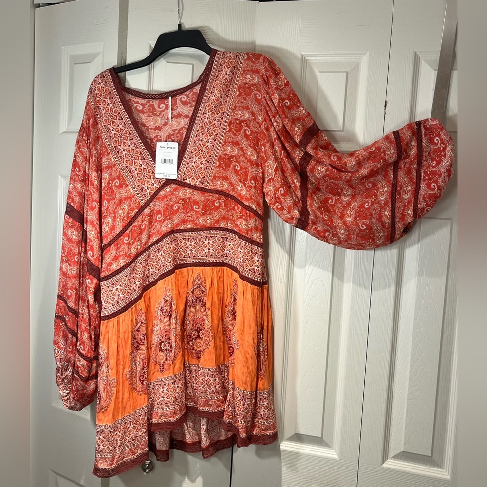 Free People Bohemian Red Floral Paisley Embroidered Tunic Top Dress M - Picture 2 of 9